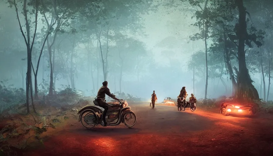 Image similar to a british officer driving a motorcycle alone in 1921 in kerala forest road, local people chasing to attack, furious action scene, chase, an epic fantasy, dramatic lighting, cinematic, establishing shot, extremely high detail, photorealistic, cinematic lighting, artstation, by simon stalenhag, horizon forbidden west