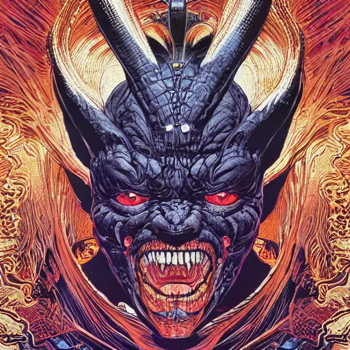 Image similar to portrait of crazy balrog, symmetrical, by yoichi hatakenaka, masamune shirow, josan gonzales and dan mumford, ayami kojima, takato yamamoto, barclay shaw, karol bak, yukito kishiro