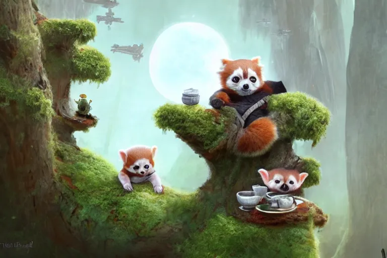 Image similar to an extremely cute red panda and baby-yoda sit on a lichen covered ancient bolder and sing songs and have a tea party, in the far background a hazy outline of a TIE fighter, mischievous, inquisitive, devious, hilarious, funny, by Tyler Edlin