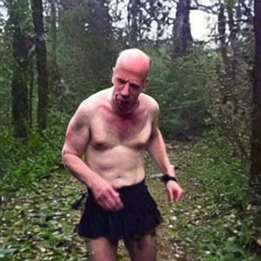 Prompt: drunk Bruce Willis wearing only a punk tutu and make up, lost in the woods, caught on a trail cam