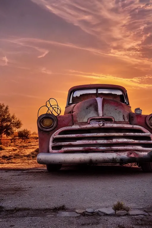 Image similar to a sunset light landscape with historical route 6 6, lots of sparkling details and sun ray ’ s, blinding backlight, smoke, volumetric lighting, colorful, octane, 3 5 mm, abandoned gas station, old rusty pickup - truck, beautiful epic colored reflections, very colorful heavenly, softlight