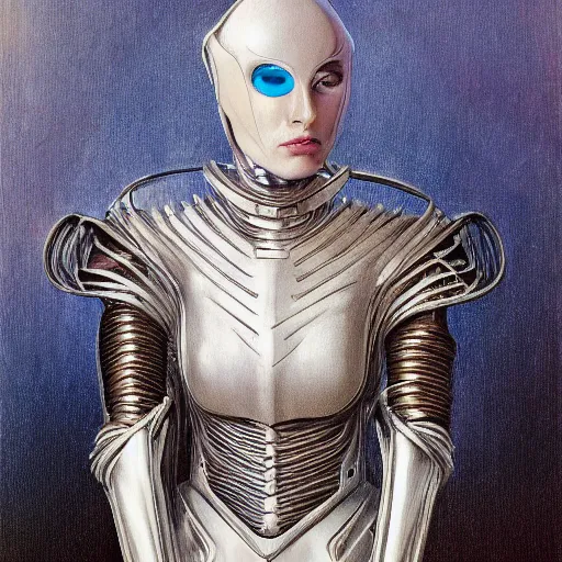 Prompt: full body portrait of beautiful gothic and futuristic fashion model, tight space armour, cyber armour, highly detailed, artstation, illustration, composition, 8 k quality, art by jean delville, rene magritte, hyperrealism oil painting