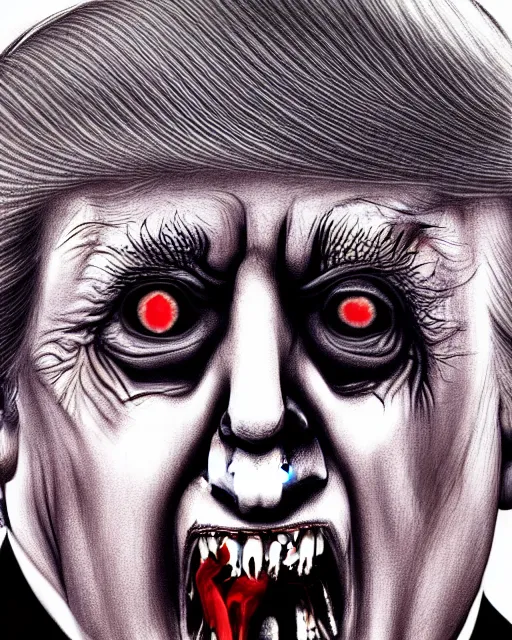 Image similar to donald trump as dracula with fangs out, character portrait, close up, concept art, intricate details, hyperrealism, photorealistic, in the style of otto dix and h. r giger