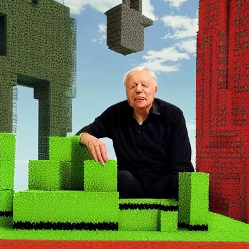 Prompt: Sir David Attenborough next to a Minecraft Creeper