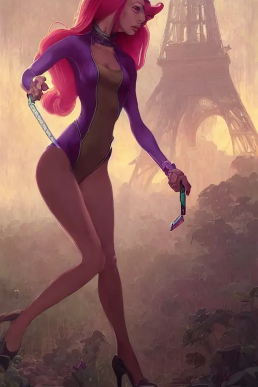 Image similar to aeon flux as Daphne Scooby doo picture by Greg Rutkowski, dynamic pose, matte painting, intricate, fantasy concept art, elegant, by Stanley Artgerm Lau, WLOP, golden ratio, thomas kindkade, alphonse mucha, loish, Peter chung, norman Rockwell,