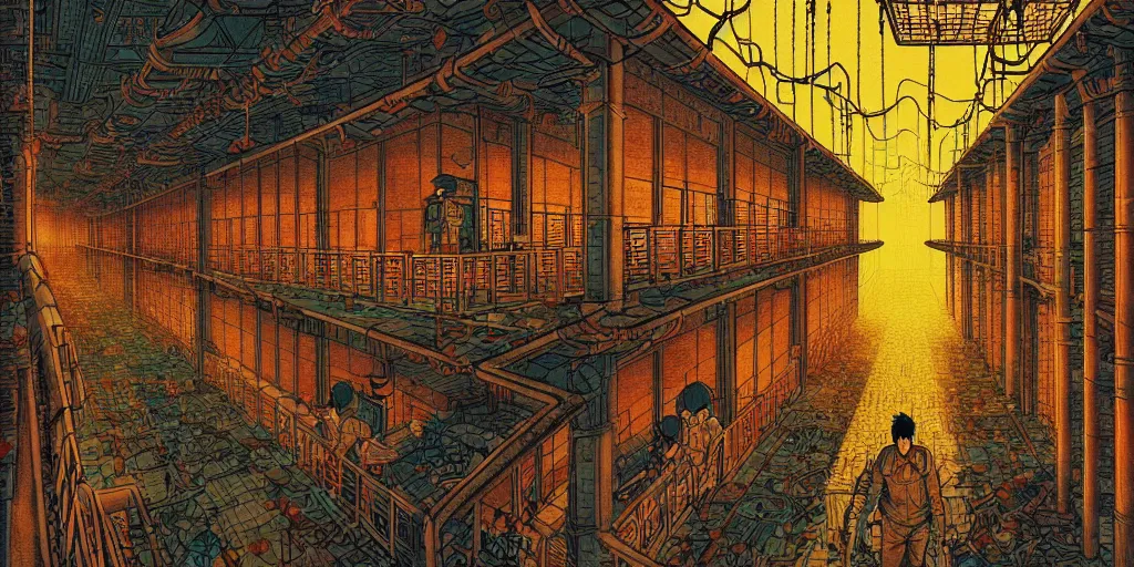 Image similar to artwork of a chinese prison by dan mumford and toshi yoshida and peter doig, vintage scifi, highly detailed, dramatic lighting, 8 k