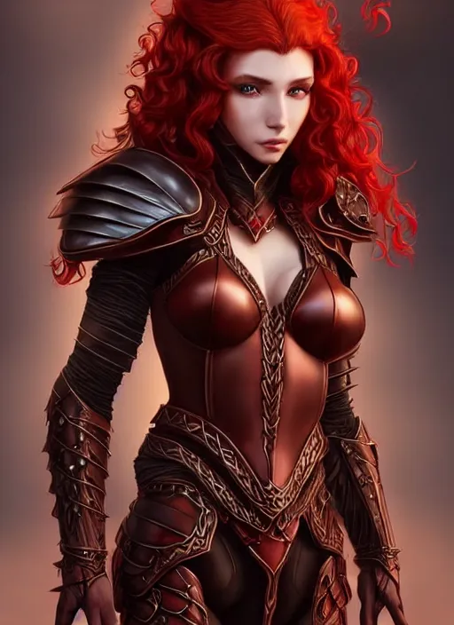 Image similar to leather armor!!! beautiful and elegant curly red hair female elf!! gorgeous ayes!! character concept art, sharp focus, octane render! unreal engine 5! highly rendered!! trending on artstation!! detailed linework!! illustration by artgerm, wlop, and chie yoshii