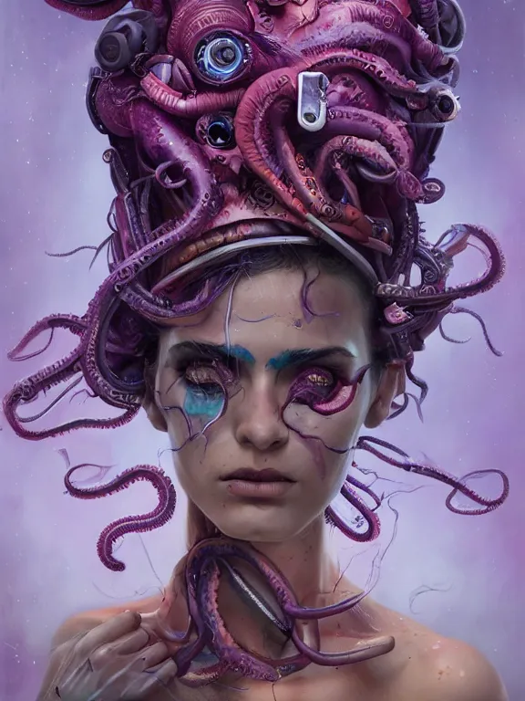 Image similar to art portrait of a furious girl with purple tentacles on her head,8k,by tristan eaton, Stanley Artgermm,Tom Bagshaw,Greg Rutkowski,Carne Griffiths,trending on DeviantArt,face enhance,hyper detailed,minimalist,cybernetic, ,full of colour