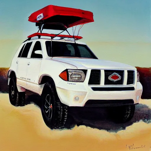 Prompt: realistic painting of a suv in the air