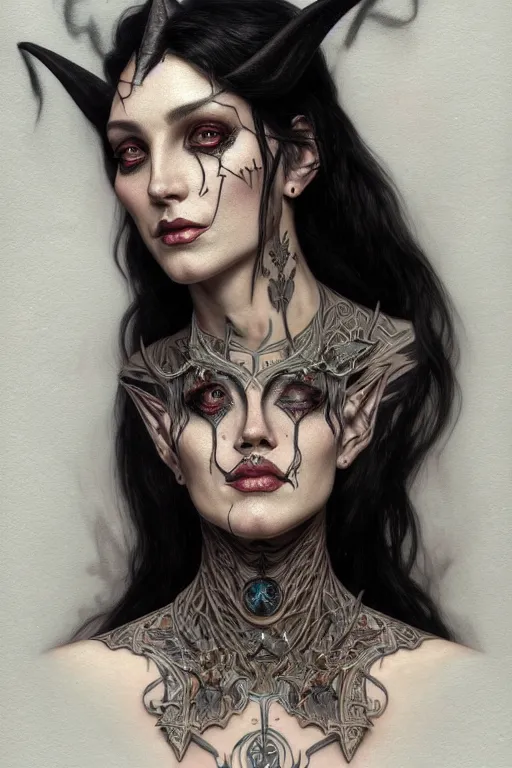 Image similar to portrait of a satanic witch, tattooed face, upper body, decorated, intricate, elegant, highly detailed, digital painting, artstation, concept art, smooth, sharp focus, illustration, art by artgerm and greg rutkowski and alphonse mucha, 8 k