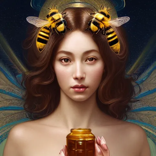 Image similar to perfectly-centered-Portrait of a gorgeous Honey Goddess with bees, The Perfect Human Female Specimen, intricate, elegant, super highly detailed, professional digital painting, artstation, concept art, smooth, sharp focus, no blur, no dof, extreme illustration, Unreal Engine 5, 8K, art by artgerm and greg rutkowski and alphonse mucha and loish and WLOP