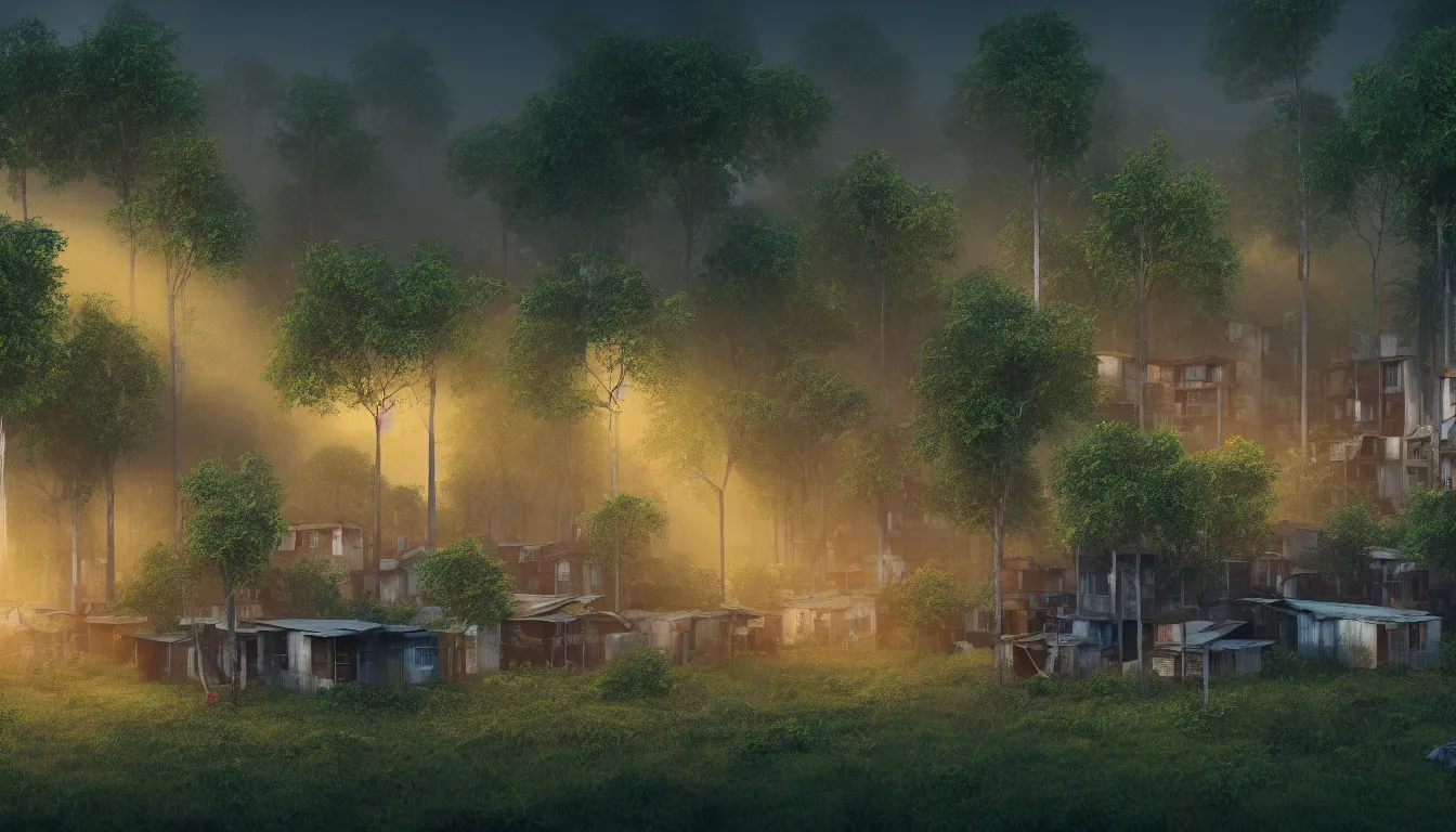 Prompt: Slum housing emerging form a forest landscape, volumetric light , full colour ,4k