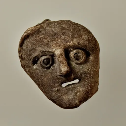 Prompt: a creepy face on a shard of roman pottery