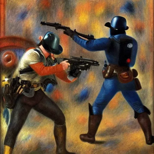 Prompt: jango fetts gun spin goes wrong by pierre - auguste renoir