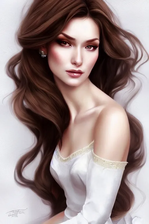 Image similar to Portait of a very very attractive woman with large brown hair in silk white dress, smirking face, femme fatale vibes, intricate, elegant, fantasy, smooth, art by artgerm