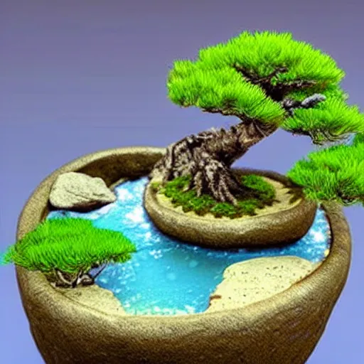 Image similar to digital art of a miniature bonsai,diorama,waterfall,artstation,3D,cartoony,amazing,pretty,cool,google images