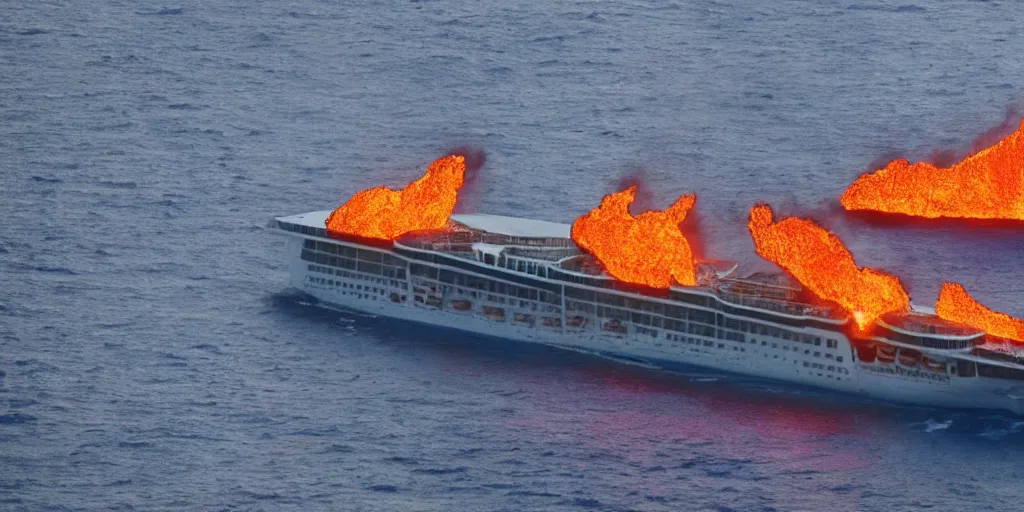 Image similar to a cruise ship on an ocean of lava sailing through the fires of hell.