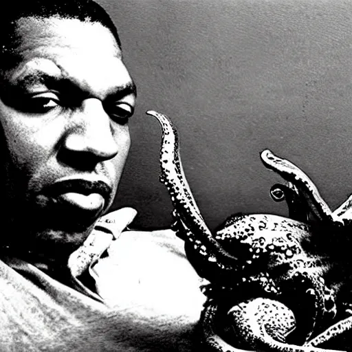 Image similar to john coltrane snuggling an octopus in bed