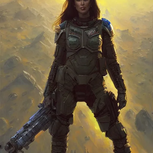 Image similar to Megan Fox as a space soldier, closeup character art by Donato Giancola, Craig Mullins, digital art, trending on artstation