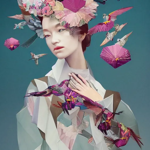 Prompt: 3 / 4 view of a beautiful girl wearing an origami!!! dress, eye - level medium shot, fine floral ornaments in cloth and hair, hummingbirds, elegant, by eiko ishioka, givenchy, by peter mohrbacher, serene, centered, fresh colors, origami, fashion, fine detailed illustration, vogue, japanese, reallusion character creator