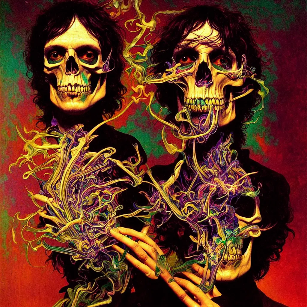 Image similar to bright psychedelic photo of SYD BARRETT SKULL SMOKING, diffuse lighting, fantasy, intricate, elegant, highly detailed, lifelike, photorealistic, digital painting, artstation, illustration, concept art, smooth, sharp focus, art by John Collier and Albert Aublet and Krenz Cushart and Artem Demura and Alphonse Mucha