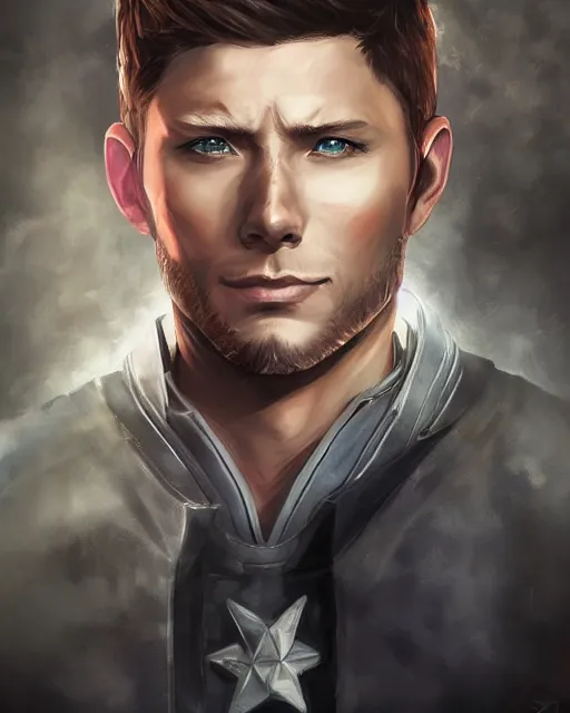 Image similar to an anime portrait of jensen ackles as a beautiful man wearing a captain america costume from skyrim, by stanley artgerm lau, wlop, rossdraws, james jean, andrei riabovitchev, marc simonetti, and sakimichan, trending on artstation