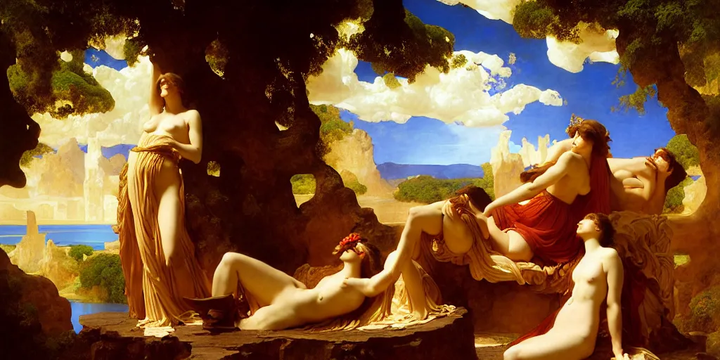 Image similar to an oasis in the middle of the desert, by Frederic Leighton and Daniel Maclise and Rolf Armstrong and Evelyn De Morgan and Bastien Lecouffe-Deharme, dutch golden age, dramatic lighting, high contrast colors, baroque, empyrean, panoramic view, cgsociety, highly detailed, doom engine,