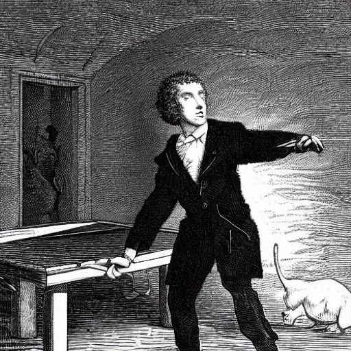 Prompt: portrait of a mark zuckerberg playing ping pong, gothic, cat eyes, hair waving in the wind, high detail, illustration by gustav dore