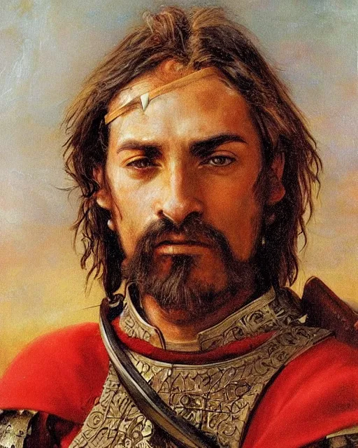 Image similar to portrait of a spanish conquistador in battle, by daniel zrom, facial features, handsome