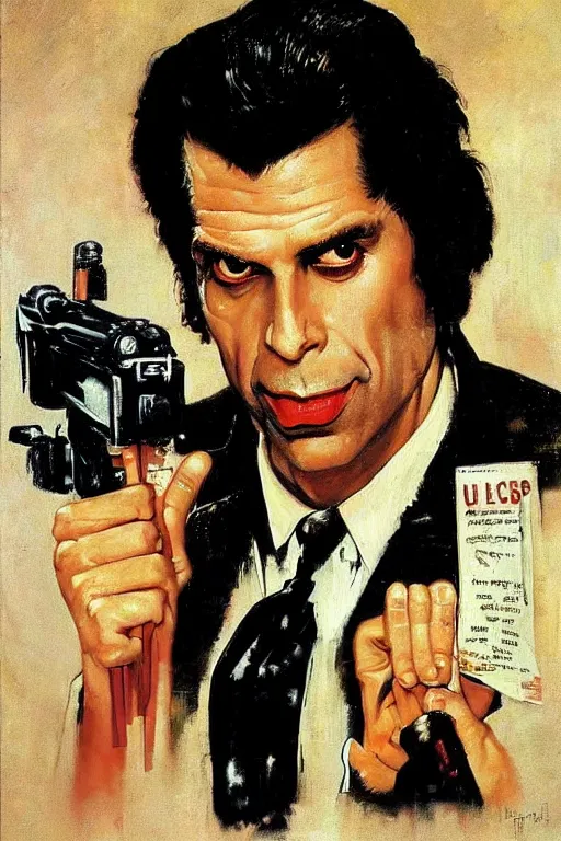 Image similar to Vincent Vega from Pulp Fiction painted by Norman Rockwell