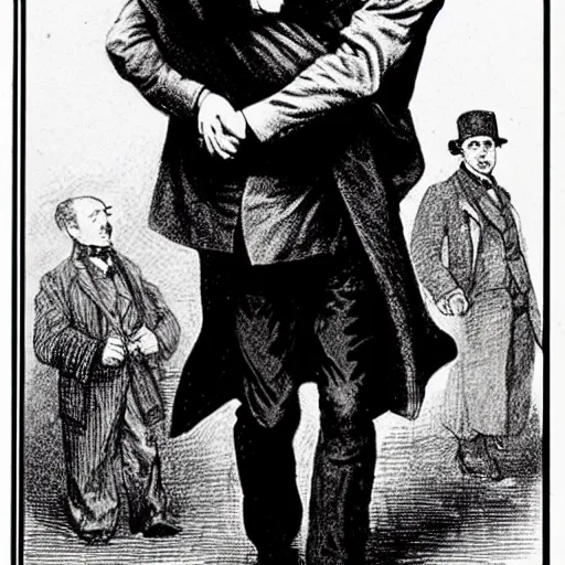 Image similar to Sherlock Holmes carrying Dr Watson on his back in the style of Sidney Paget