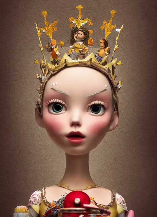Image similar to closeup face profile portrait of a tin toy fairytale princess wearing a crown eating cakes, bikini, depth of field, zeiss lens, detailed, symmetrical, centered, fashion photoshoot, by nicoletta ceccoli, mark ryden, lostfish, breathtaking, 8 k resolution, extremely detailed, beautiful, establishing shot, artistic, hyperrealistic, octane render