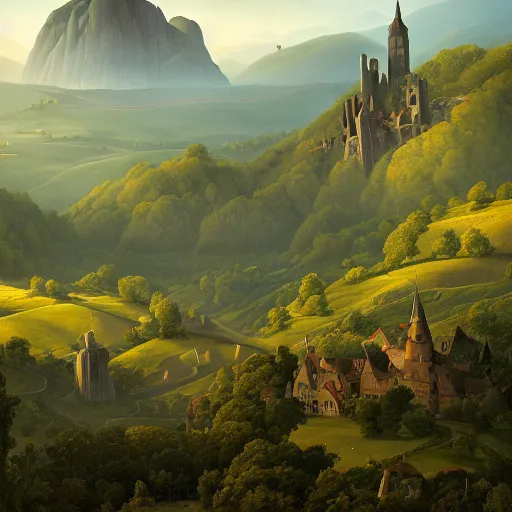 Image similar to Vast verdant valley surrounded by Transylvanian mountains, with a large zeppelin hovering in the foreground, and a ruined medieval castle on the hillside in the background. No villages. Late evening light in the summer, gloomy weather. Hyperrealistic, high quality, sharp, highly detailed, peter mohrbacher, ansel adams.