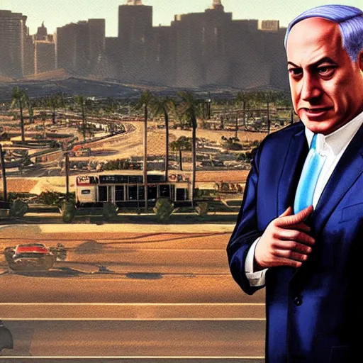 Prompt: benjamin netanyahu on a GTA v cover, realistic