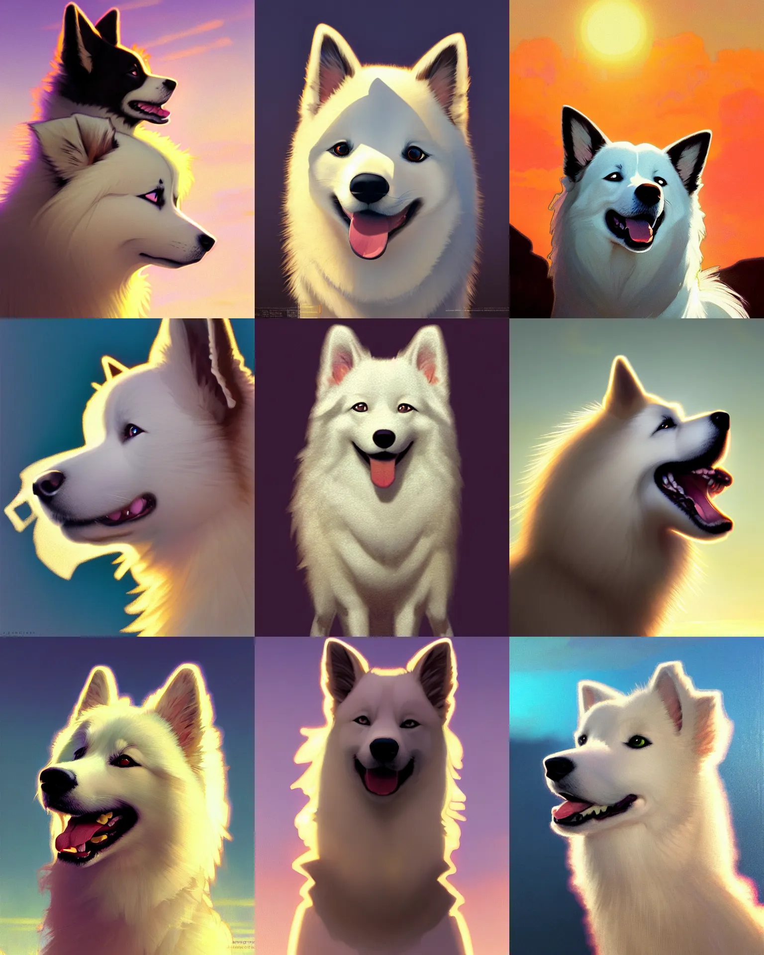 Prompt: profile of smiling american eskimo dog. cute, backlit, sunset, refracted lighting, art by collier, albert aublet, krenz cushart, artem demura, alphonse mucha, wlop, caidychen, kuvshinov ilya, raytracing, octane, trending on artstation