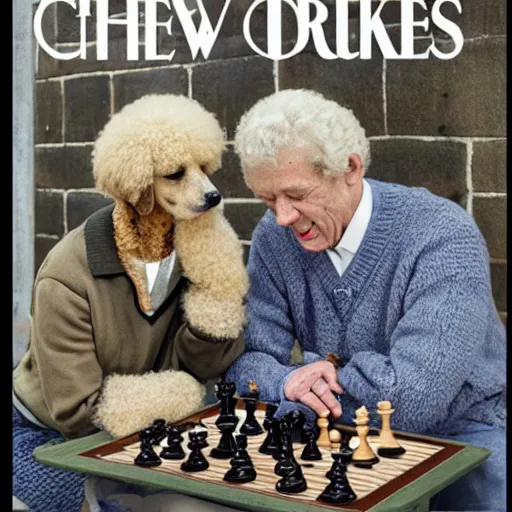 Prompt: two elderly poodles wearing sweater vests playing chess in the style of a New Yorker magazine cover