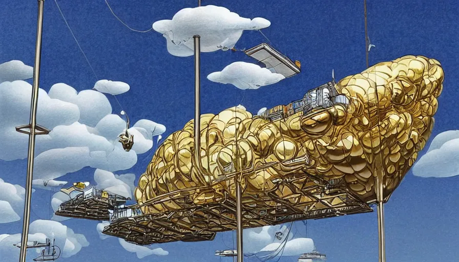Image similar to an inflated stainless steel chrome gondola in the clouds, people are hanging by steel cables. Oil rigs in the sky. Intricate technical drawing. Colored pencil. Mammatus clouds. Ornate, brilliant, utopian, detailed, Golden ratio, solarpunk solarpunk solarpunk