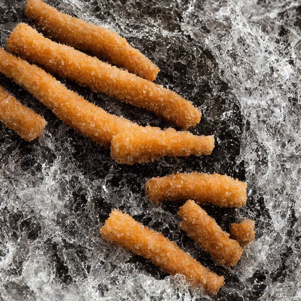 Prompt: Soaking wet soggy fish stick drenched with a stream water from a faucet on a moist wet plate dripping with water very wet delicious crusty fish sticks macro lens 4K award winning photo