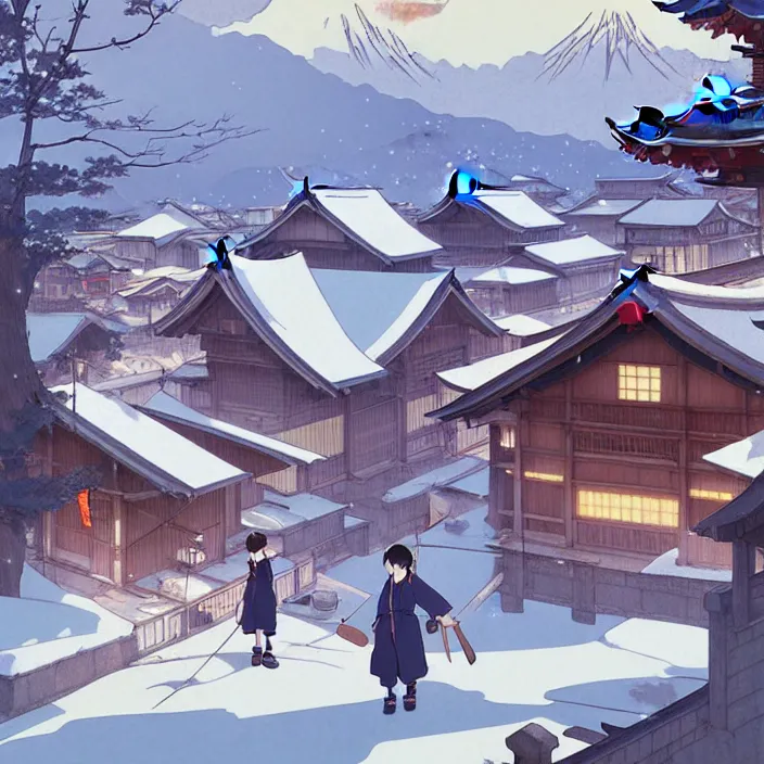 Image similar to japanese rural town, winter, in the style of studio ghibli, j. c. leyendecker, greg rutkowski, artem