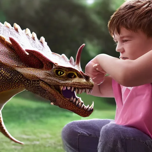 Prompt: A photorealistic image of a kid playing with a little pet dragon, highly detailed
