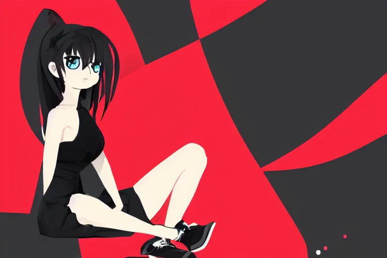 Image similar to a girl sitting vertically, wearing a black outfit with red trim, white background, soft shadow, vector shaded anime, very anime, detailed colors, digital art, 4 k