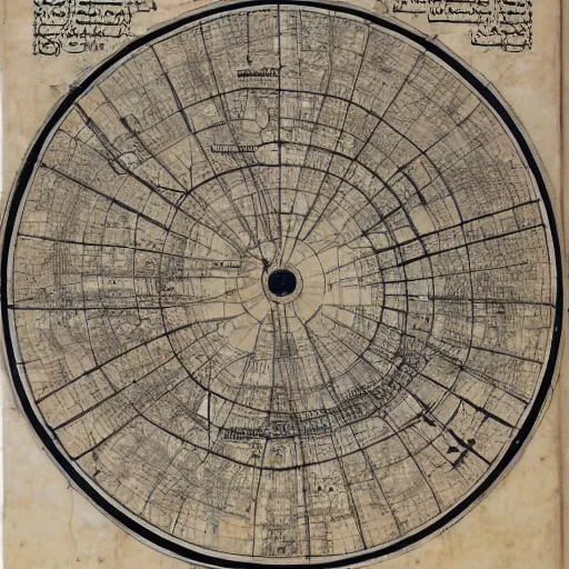 Image similar to map of circular city Baghdad at Abbasid caliphate age by lenardo da Vinci