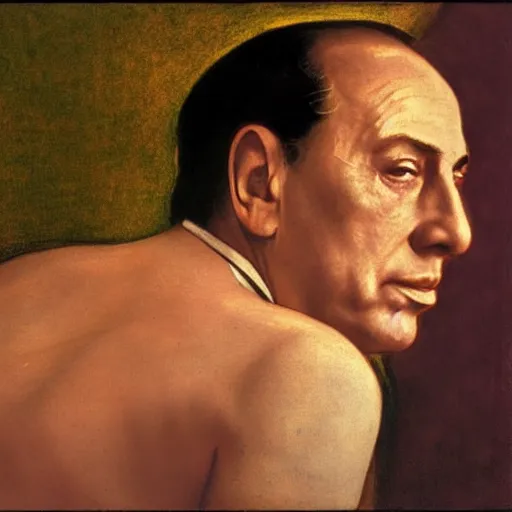 Prompt: close up of silvio berlusconi, film still by edward hopper, by Pontormo, by klimt, art noveau, highly detailed, strong lights, liminal, eerie, Bright pastel colors