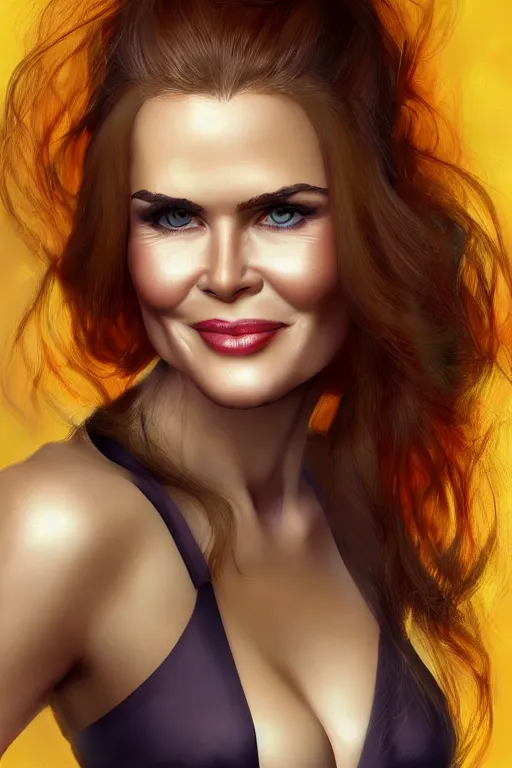 Prompt: mix of beautiful young maria shriver, mariel hemmingway, brooke shields, nicole kidman and elle macpherson as a boa constrictor, thin lips, hair tied up in a pony tail, dark blonde hair, colorful, artstation, cgsociety