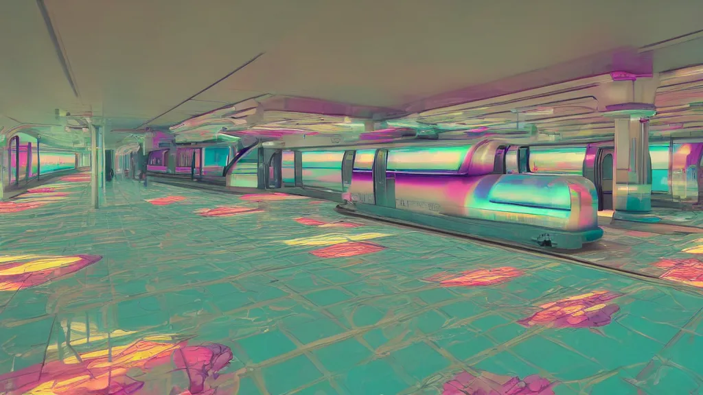 Prompt: vaporwave inferable train floor in a bright lobby, iso 2 0 0