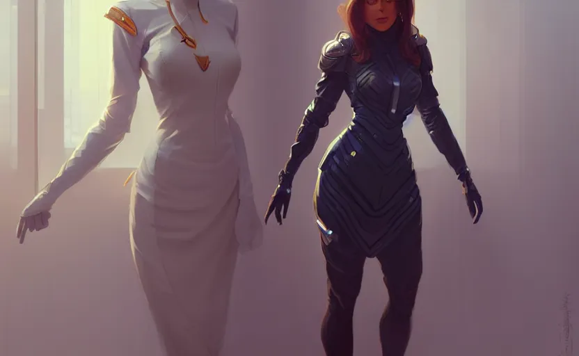Image similar to Female in office dress, sci-fi, highly detailed, digital painting, artstation, concept art, smooth, sharp focus, illustration, art by artgerm and greg rutkowski and alphonse mucha