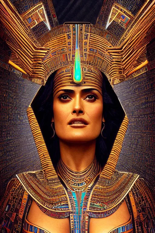 Image similar to Portrait of Salma Hayek as a tomb robot, intricate art deco leaf designs, elegant, highly detailed Egyptian patterns, hieroglyph, sharp focus, art by Artgerm and beeple