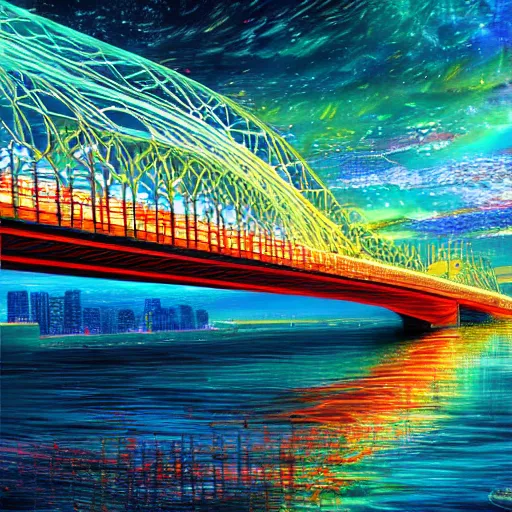 Prompt: extremely colorful, award winning digital art 4 k ultra detailed, milwaukee hoan bridge illustrated by andrew android jones