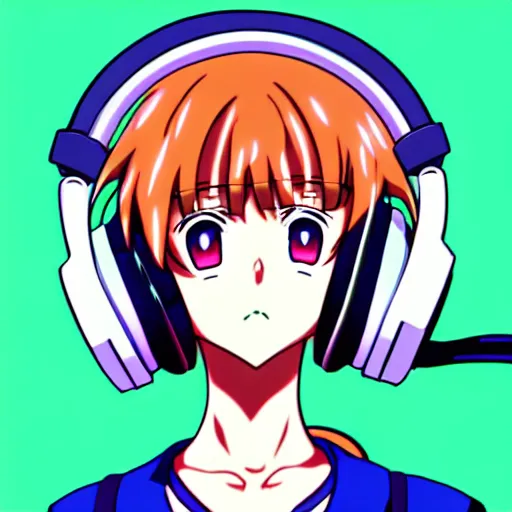 Image similar to An anime character's head wearing retro headphones. 90s anime, Sailor Moon, Neon Genesis, official art, flat cell shading, fantastic screenshot art, trending on artstation, muted nostalgic colors