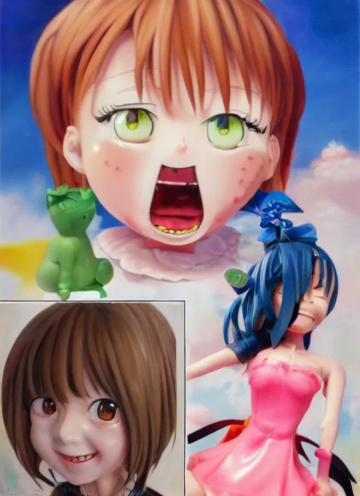 Prompt: a hyperrealistic oil painting of a kawaii anime girl figurine caricature with a big dumb grin featured on Nickelodeon by Dave McKean